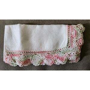 Vintage Pink, Green & White Crocheted/Natted Scalloped Edge Handkerchief